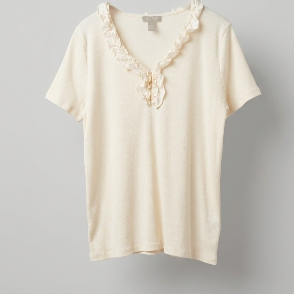 Lauren Ralph Cream Ruffle V-Neck Ribbed Cotton Knit Top 2X Soft Girl Cottagecore